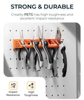 Wall-mounted pegboard tool organizer with orange rack and assorted pliers