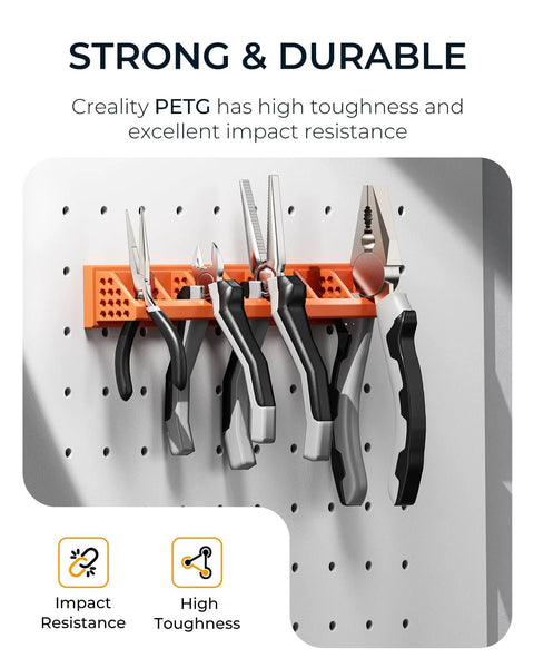 Wall-mounted pegboard tool organizer with orange rack and assorted pliers