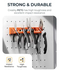 Pliers on pegboard with orange PETG holder showcasing high toughness and impact resistance features