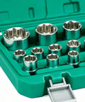 Heavy Duty 12 Point Ratchet Socket Set With Power Drill Adapter Kit For Easy Bolt Removal And Smooth Torque Distribution In Your Garage Or Workshop Plus Storage Case, chrome sockets in green case