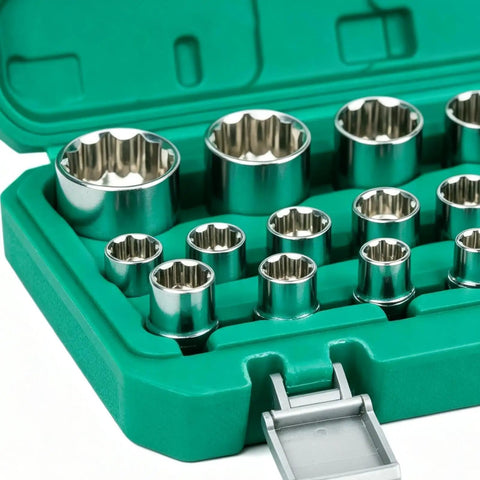 Heavy Duty 12 Point Ratchet Socket Set With Power Drill Adapter Kit For Easy Bolt Removal And Smooth Torque Distribution In Your Garage Or Workshop Plus Storage Case, chrome sockets in green case