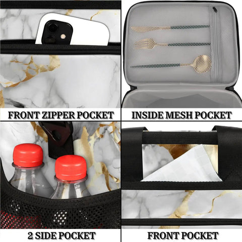 Insulated Picnic Backpack With Marble Gloss Finish featuring front zipper pocket, inside mesh pocket, and bottle side pocket.