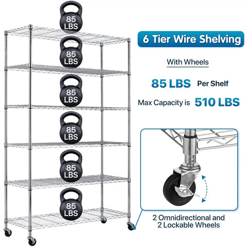 Heavy Hitter Six Tier Garage Shelving Rack With Locking Casters 6000 Lbs Capacity No Sweat Steel Wire Shelf Adjustable Height Chrome Storage Tower For Garage Or Workshop Organization