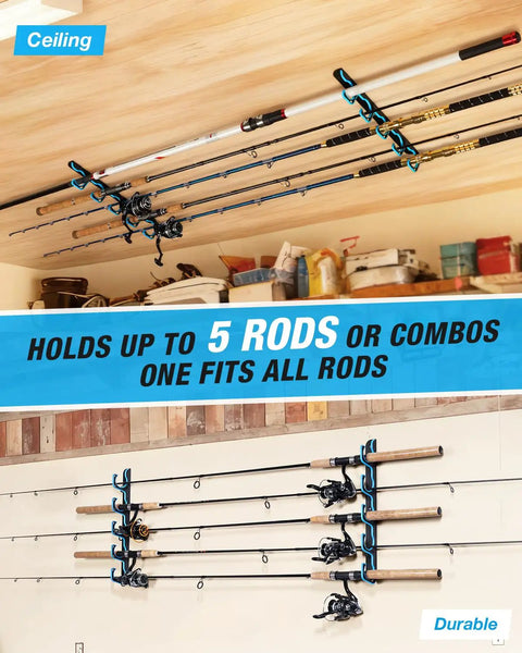 Heavy Duty Fishing Rod Holder 2 Pack for Garage Storage Ceiling Or Wall Mount Rod Rack With Protective TPR Coating displayed