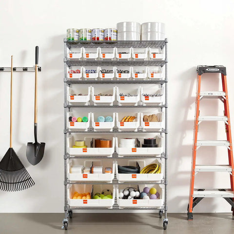 Eight Tier Rolling Storage Rack Featuring Twenty Six Modular Parts Bins Heavy Duty Steel Wire Shelving Cart With Smooth Locking Wheels For Pro Shop Space Zero Fuss Setup And Quick Label Slots