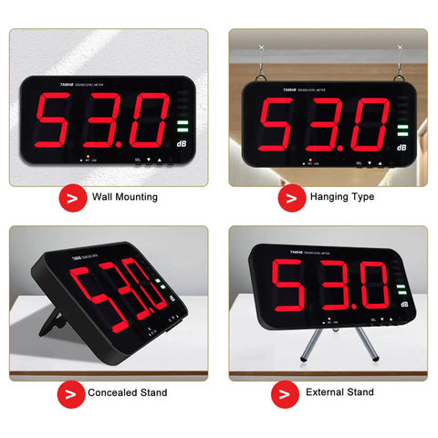 Digital Decibel Meter With Large LCD Display For Home Office And Workshop 30 To 130 dB Sound Level Reader Wall Mounted Or Hanging Noise Meter With Alarm Temperature And Humidity Readout Adjustable Brightness TA654B wall, hanging, stand views