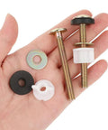 Hand holding Universal Toilet Seat Screws Replacement Kit with heavy duty fasteners, plastic nuts, metal washers, and rubber washers.