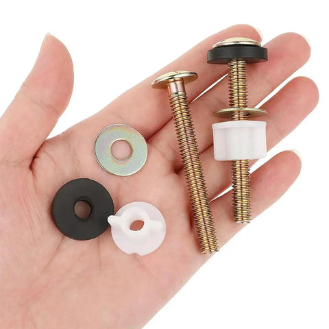 Hand holding Universal Toilet Seat Screws Replacement Kit with heavy duty fasteners, plastic nuts, metal washers, and rubber washers.