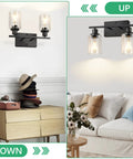 Two Light Modern Bathroom Vanity Light Fixtures With Clear Glass Shades Matte Black Wall Sconce Lighting in room settings