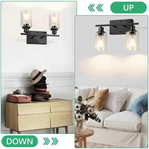 Two Light Modern Bathroom Vanity Light Fixtures With Clear Glass Shades Matte Black Wall Sconce Lighting in room settings