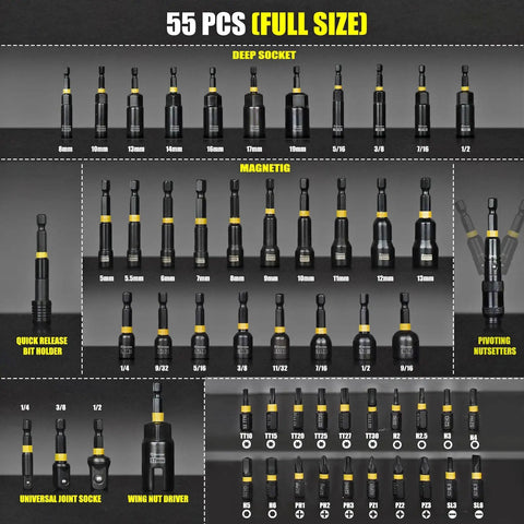 55 Piece Magnetic Impact Nut Driver Set With Deep SAE And Metric Sockets, Quick Release Extension, Pivoting Nutsetter, Wing Nut Driver