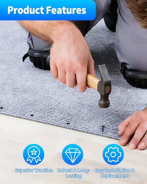 Person using Heavy Duty Black Upholstery Tacks 1 Inch Bulk Furniture Hardware for fast home repairs on carpet.