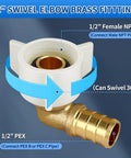 Half Inch PEX Swivel Elbow Faucet Connector With Lead Free Brass Fittings And 90 Degree NPT NPSM Adapter Includes Stainless Steel PEX Clamps For RV Camper Water Lines And Home Plumbing Easy Install, 1/2" female NPT and PEX end