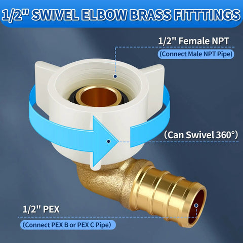 Half Inch PEX Swivel Elbow Faucet Connector With Lead Free Brass Fittings And 90 Degree NPT NPSM Adapter Includes Stainless Steel PEX Clamps For RV Camper Water Lines And Home Plumbing Easy Install, 1/2" female NPT and PEX end