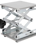 Front view of a stainless steel lab scissor jack lift with an 8x8 inch square top and screw knob