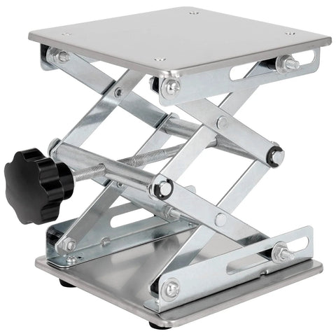 Front view of a stainless steel lab scissor jack lift with an 8x8 inch square top and screw knob