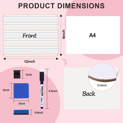 Dimensions of Six Pack Double Sided 9x12 Whiteboards With Lined Surfaces For Kids And Classroom Use, showing front and back