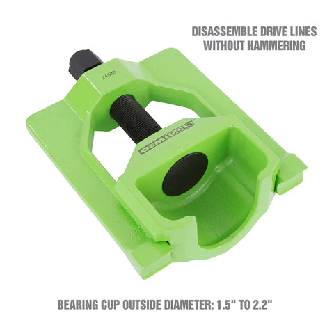Close-up of green Heavy Duty U-Joint Puller for Semi Trucks Class 7-8 with press for removing seized bearing cups.