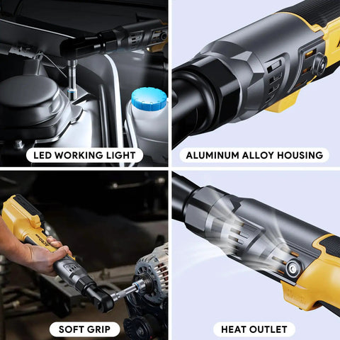 Professional 3/8 Cordless Ratchet Wrench With Brushless Motor And Knockout Torque For Fast Bolt Retrieval and Smooth Operation showcasing LED light, aluminum housing, heat outlet.