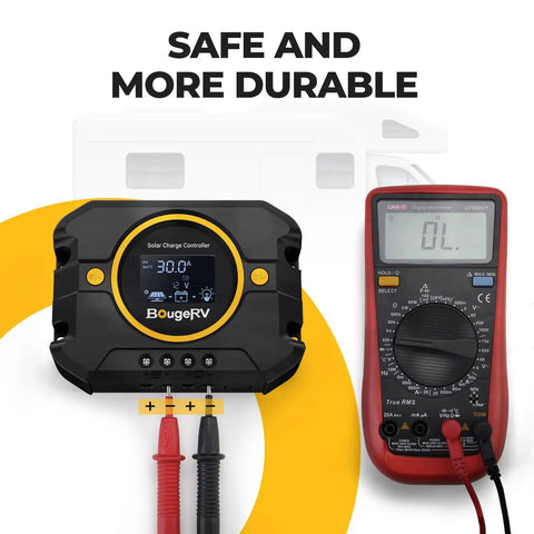30A PWM Solar Charge Controller for 12V/24V Systems with backlit display, USB port, and multimeter showing durability features