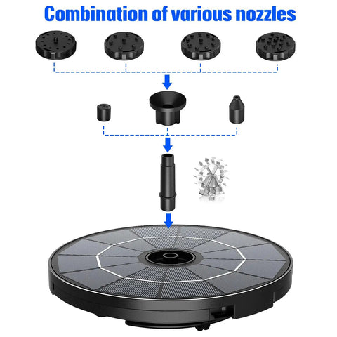 2.8W Solar Fountain Pump For Bird Bath And Outdoor Garden, Floating Solar Water Feature With Built-In 1000mAh Battery, 7 Nozzles