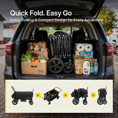 Kids Stroller Wagon With One Hand Adjustable Push Pull Handle folded in car trunk with groceries and supplies.