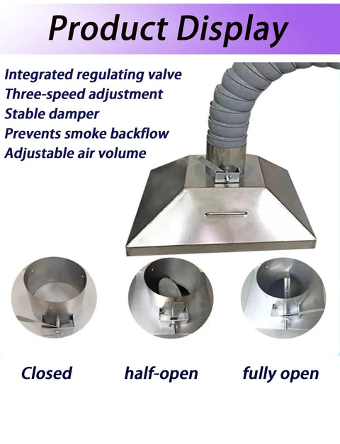 Heavy Duty Stainless Steel Fume Hood With Flexible Welding Extractor Hose And Industrial Ventilation Tubing showing three adjustable positions.
