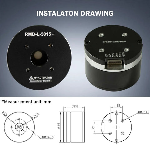 Integrated Direct Drive Micro Brushless Servo Motor RMD L 5015 10T Beefy Torque 100W 16V 0.38 Nm installation drawing
