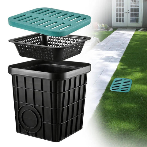 Square Catch Basin With Grate And Debris Basket For Outdoor Drainage Kit No Precut Outlet Holes Downspout Drain Box For Lawn Patio And Landscape Water Management
