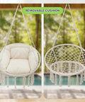 Hanging Hammock Chair With Cozy Full Cushion For Indoor Outdoor Relaxation, White Macrame Swing Chair with removable cushion