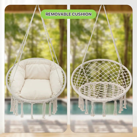 Hanging Hammock Chair With Cozy Full Cushion For Indoor Outdoor Relaxation, White Macrame Swing Chair with removable cushion