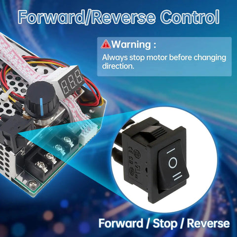 Forward/Reverse control switch on Ultra Tough Pwm Dc Brushed Motor Speed Controller Featuring Bright Tunable Digital Readout.