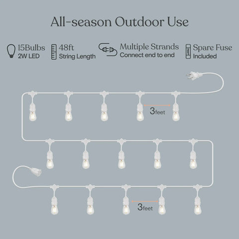 Waterproof Outdoor String Lights 48 Ft with 15 Dimmable Vintage Edison LED Bulbs showing 2W bulb spacing and connectors