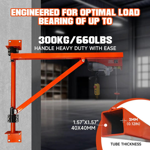 Heavy Duty Wall Mount Jib Crane Hoist Bracket With 660 Pound Load Capacity Support For Electric Scaffolding Lift, orange bracket design.