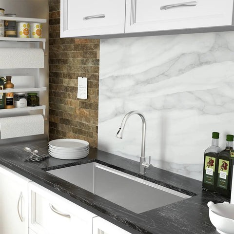 Modern kitchen with 14 x 19 Inch Workstation Undermount Kitchen Sink With Single Bowl, 16 Gauge Stainless Steel, Built-In Track Accessories.