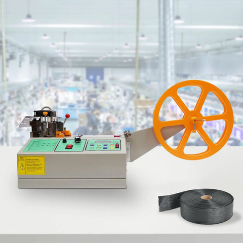 Automatic Webbing Cutting Machine 110V 280W Heavy Duty Hot And Cold Cutting With Steel Blade in factory setting with black webbing