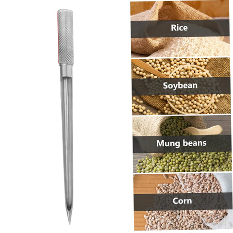 Stainless Steel Grain Sampler with Rubber Handle Portable Fertilizer Probe for Accurate Wheat Seed and Soil Sampling next to grains.