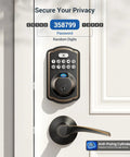 Fast Unlocking Fingerprint Door Lock With Two Lever Handles, Keyless Entry, Electronic Keypad Deadbolt front view.