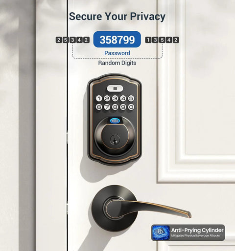 Fast Unlocking Fingerprint Door Lock With Two Lever Handles, Keyless Entry, Electronic Keypad Deadbolt front view.