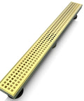 Super Efficient 36 Inch Linear Shower Drain In Brushed Gold For Fast Drainage And Clog Prevention With Removable Square Hole Grate