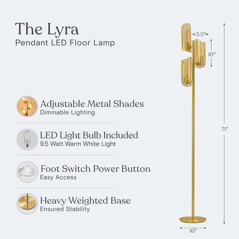 LED Tree Floor Lamp With 3 Light Heads In Brass Finish, Metal Cage Shade, Tall Standing Lamp For Living Room, Bedroom Or Office Modern Industrial Vibe, Mid Century Modern Style, Cozy, Bright Illumination