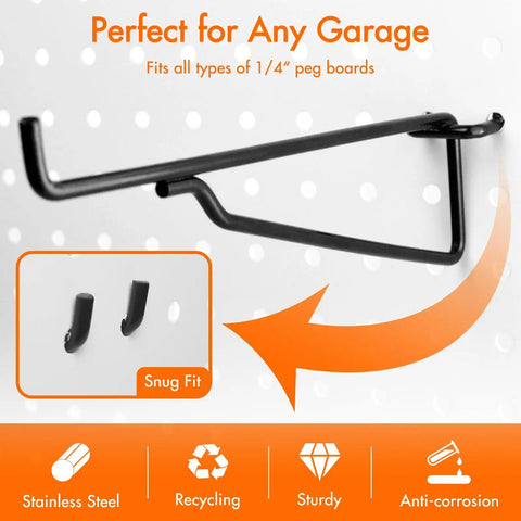 Two Pack Wooden Pegboard Shelves With Pro Grade Brackets And Thick Pegboard Hooks Durable Tool Organizer System For Garage Workshop Craft Room Hobby Studio Or Home Office, showing pegboard hook and features like snug fit, stainless steel, sturdy, anti-corrosion.