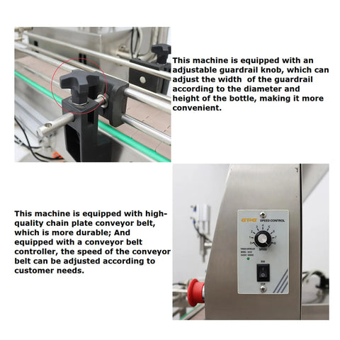 Close-up of adjustable guardrail knob and speed control on Rugged Automatic Servo Liquid And Paste Filling Machine Slick Stainless Steel Frame 100 To 1000 Milliliter Range Dual Purpose Dosing Plug And Play 110 Volt Electric Power.