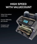 High Speed Money Counter With Multi Currency Value Count And Counterfeit Bill Detector Four Currencies USD CAD MXN EUR Add And Batch Modes LCD Display For Cash Biz displaying 1500 bills per minute.