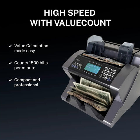 High Speed Money Counter With Multi Currency Value Count And Counterfeit Bill Detector Four Currencies USD CAD MXN EUR Add And Batch Modes LCD Display For Cash Biz displaying 1500 bills per minute.