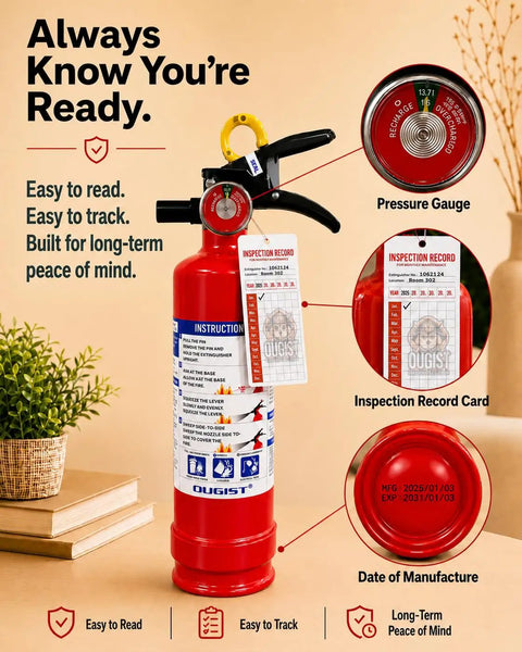 ABC Fire Extinguisher For Home Base With Patent Pending Easy Press Handle That Skips The Pin Drama, 2.5 Lb unit with gauge and inspection card.