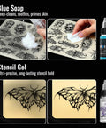 Wireless Tattoo Gun Kit With 2300mAh Batteries, Blue Soap and Stencil Gel shown with tattoo designs.