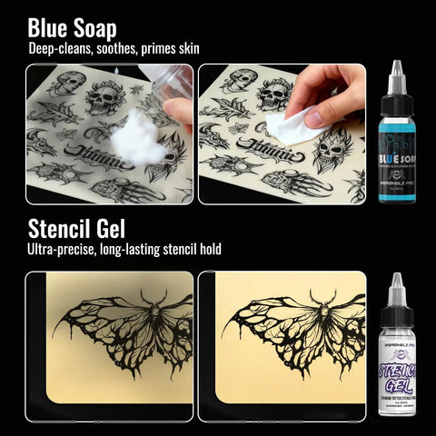 Wireless Tattoo Gun Kit With 2300mAh Batteries, Blue Soap and Stencil Gel shown with tattoo designs.