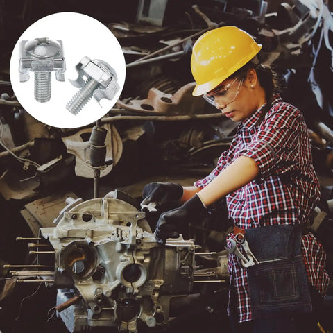 Person in hard hat working on engine with Premium Heavy Duty Server Rack Screws and Hella Tough Cage Nuts 100 Pack Essential Clip Kit.