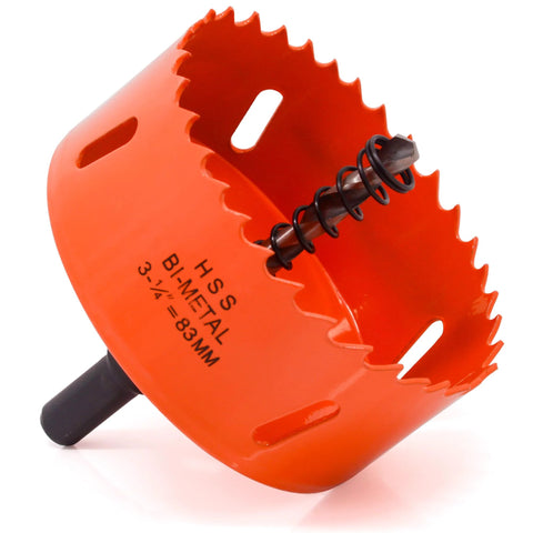 Koopi 3-1/4 in bi-metal hole saw with arbor and drill bit; orange cutter with serrated edge